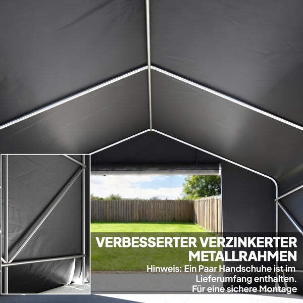 Innenansicht eines Lagerzeltes mit verzinktem Metallrahmen und dunkler Plane, Detailansicht der Konstruktion und Blick in den Garten.