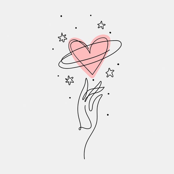 Illustration einer Hand, die nach einem Herz mit Planetenringen und Sternen greift