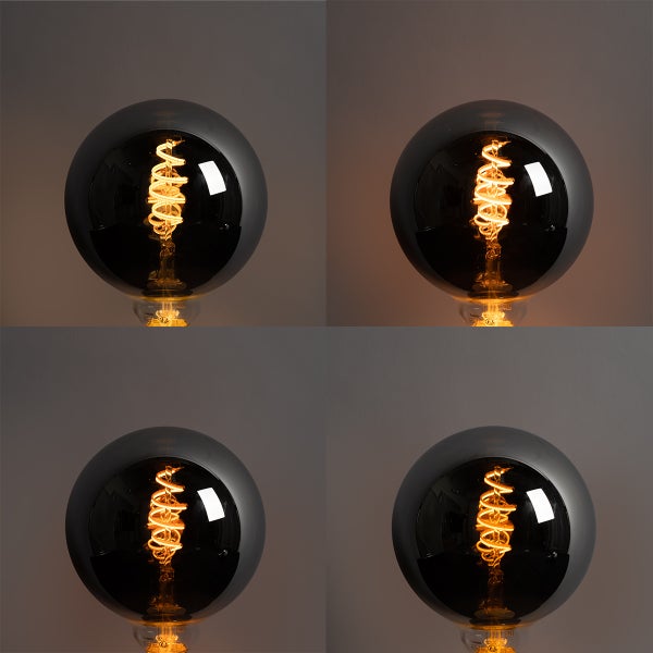 LED-Leuchtmittel Globe mit spiralförmigem Filament und Rauchglas.