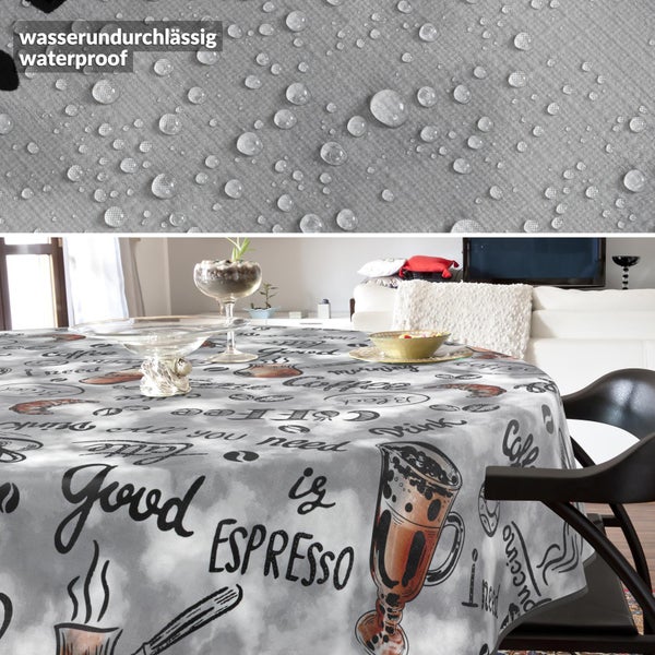 Rundes, wasserabweisendes Tischtuch mit Kaffeemotiven und Nahaufnahme der wasserdichten Stoffoberfläche mit Wassertropfen.