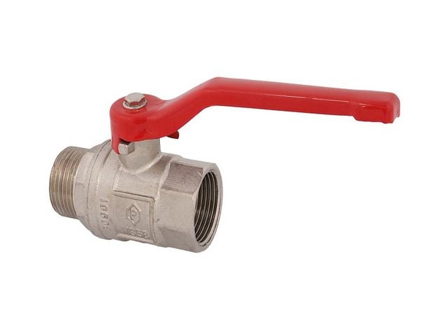 Kugelhahn aus Metall mit rotem Hebelgriff sowie Innen- und Außengewinde.