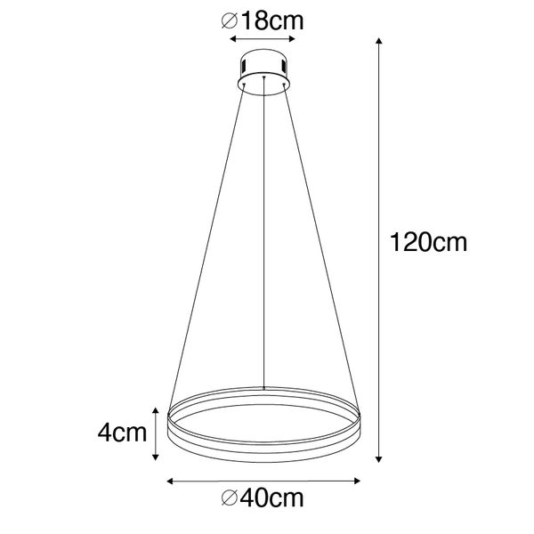 Technische Zeichnung einer Hängeleuchte mit den Maßen 18 cm Durchmesser oben, 40 cm Durchmesser unten und 120 cm Höhe
