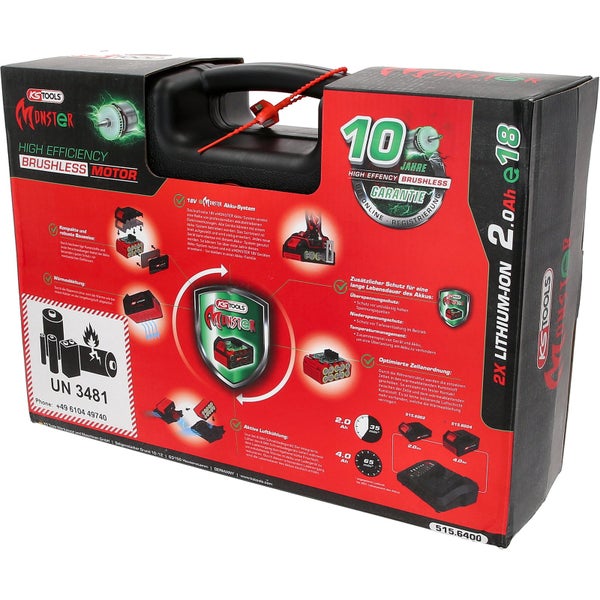 Verpackung des KS Tools eMonster Akku-Systems mit High Efficiency Brushless Motor und 10 Jahre Garantie