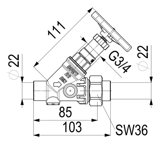 Technische Zeichnung eines Schrägsitzventils mit Maßangaben 111, 103 und 85 Millimeter sowie G drei viertel Zoll Anschluss.
