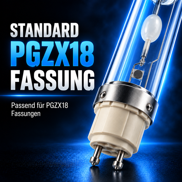 Gasentladungslampe mit Standard PGZX18 Sockel für entsprechende Lampenfassungen.