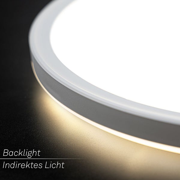 Runde LED-Deckenleuchte mit Backlight-Funktion für indirektes Licht.