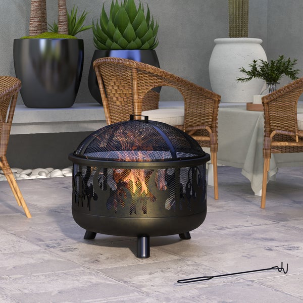 Outsunny Feuerschale Ø61 x 55cm aus Metall Feuerstelle mit Funkenschutz Schürhaken Grillrost Feuerschalen für Garten, Balkon Terrasse, BBQ Camping Schwarz