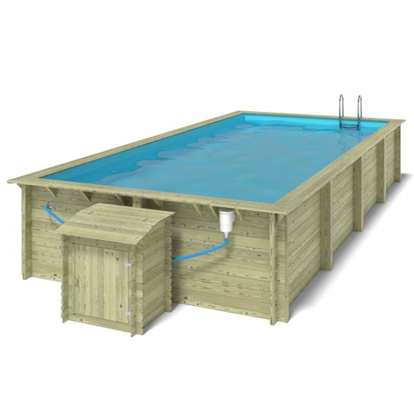 Rechteckiger Holzpool mit Leiter und Filtersystem