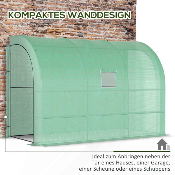 Outsunny Gewächshaus mit Regale Fenster, winterfest Foliengewächshaus aus Stahl, wandmontiert Treibhaus für Balkon, Garten, Tomatenhaus 300x150x213cm Tomatengewächshaus für Gemüse Blumen Pflanzen Grün