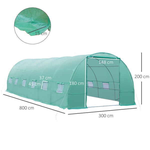 Outsunny Gewächshaus 800x300x200cm Foliengewächshaus Tomatenhaus Tür mit Moskitonetz, Fenster, Folientunnel aus verzinktem Stahl, stabiles Pflanztunnel, Treibhaus inkl. Erdanker Seilen, Grün