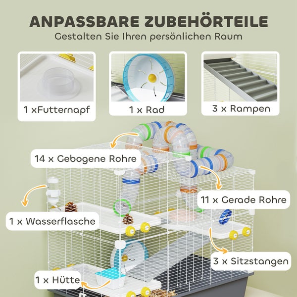 PawHut Hamsterkäfig 4 Etagen Nagerkäfig  Kleintierkäfig mit Laufrad Futternapf Tunnel Hütte Obertür, Kleintierstall Käfig für Hamster Syrischer Hamster 78 x 45 x 73 cm, Grau
