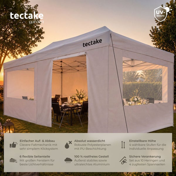 Tectake Faltpavillon mit UV Schutz und Seitenteilen inklusive Klappmechanik, wasserdichtem Polyester und stabilem Aluminiumgestell für den Garten.