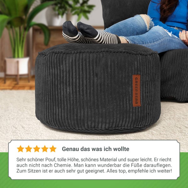 Green Bean Pouf-Kissen 45x25cm mit EPS-Perlen Füllung & Cordstoff Bodenkissen Liegekissen Sitzkissen Sitzhocker Sessel Kinder Erwachsene Stoff Hocker Ablage Schwarz