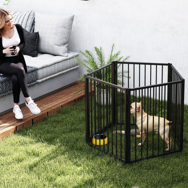 Welpenauslauf aus schwarzem Metall auf einer Rasenfläche mit einem Hund neben einer Frau auf einem grauen Sofa.