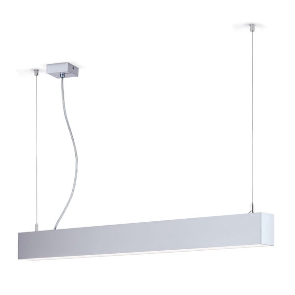 Moderne LED Pendelleuchte in länglicher, rechteckiger Form mit Seilabhängung für eine gleichmäßige Raumbeleuchtung.