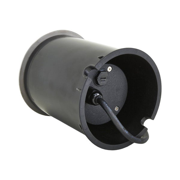 Schwarzes zylindrisches Gehäuse für Bodeneinbaustrahler mit Kabelanschluss und Einbauhülse.