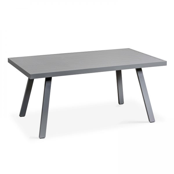 Modernes Garten-Lounge-Set aus Metall mit Ecksofa, verstellbarer Liegefläche, Sessel und Esstisch inklusive grauer Polsterauflagen.