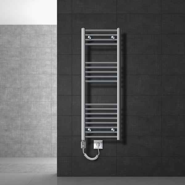 LuxeBath Elektrischer Badheizkörper Sahara 400x1200 mm Chrom gebogen Seitenanschluss & Heizstab 900W mit Thermostat & Digitalanzeige, Handtuchheizkörper mit Heizpatrone Handtuchwärmer Handtuchtrockner