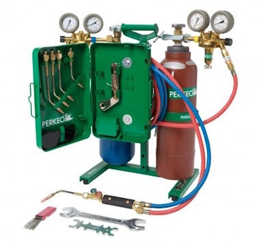 Perkeo Autogenschweiß- und Hartlötset mit Gasflaschen, Druckminderern, Schläuchen, Schweißbrenner und Zubehör im Tragegestell.