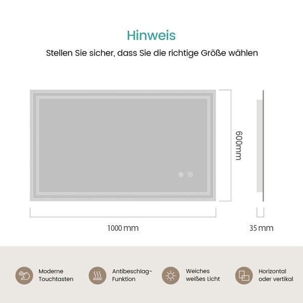 EMKE Badspiegel mit Beleuchtung  100 x 60 cm, LED-Spiegel mit Touchschalter, Anti-Beschlag, Kaltweiß