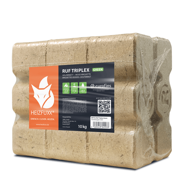 Heizfuxx RUF Triplex Green Holzbriketts, 10 Kilogramm Packung in Kunststofffolie, laborgeprüfte Qualität.