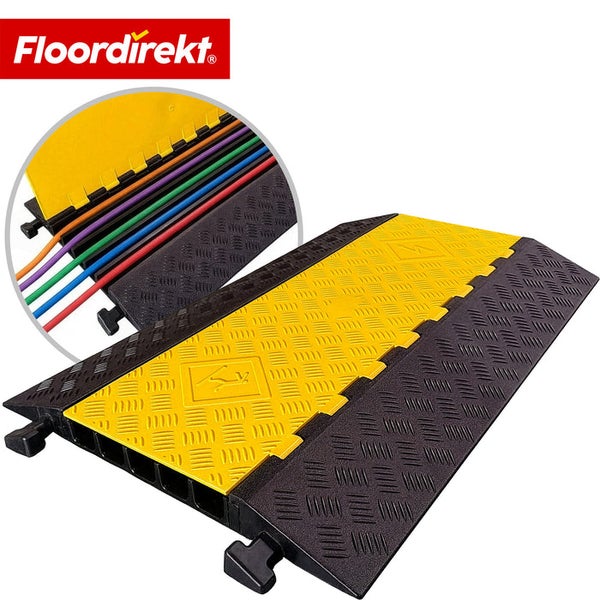 Kabelbrücke mit fünf Kanälen, gelbem Deckel und profilierter Oberfläche. Floordirekt Logo.