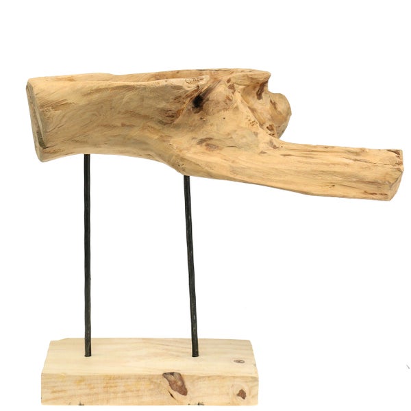 Holzskulptur auf Metallsockel und Holzbasis als Dekoration