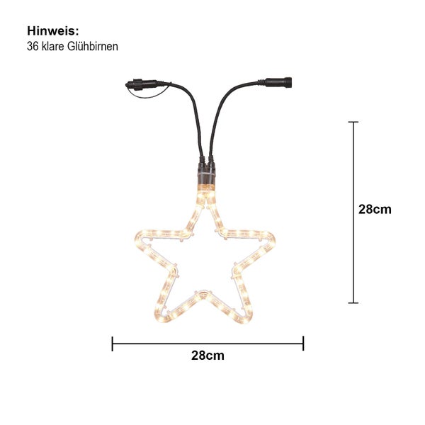 Stern-Lichterkette mit 36 klaren Glühbirnen und einer Länge von 28 cm.