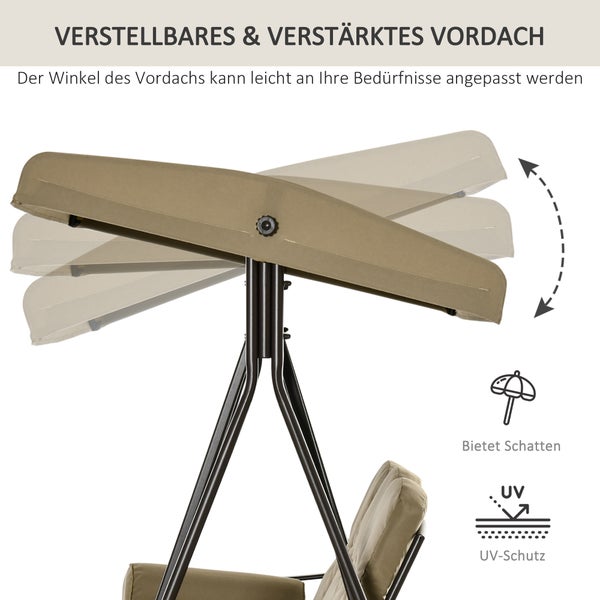Outsunny Hollywoodschaukel, 3-Sitzer Gartenschaukel mit Sonnendach Kissen, 116 x 206 x 183 cm, Metall, Polyester, Khaki