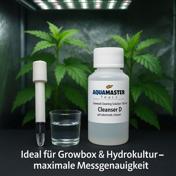 Aquamaster Tooly Cleanser D, eine Reinigungslösung für pH-Elektroden, zusammen mit einem pH-Messgerät und einem Glas mit Flüssigkeit
