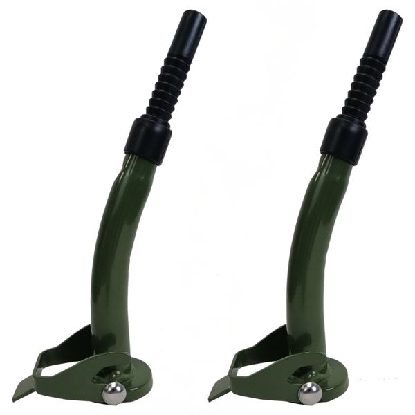 Zwei olivegrüne flexible Ausgießer aus Metall für Kanister mit schwarzer Kunststoffspitze und Hebelverschluss.