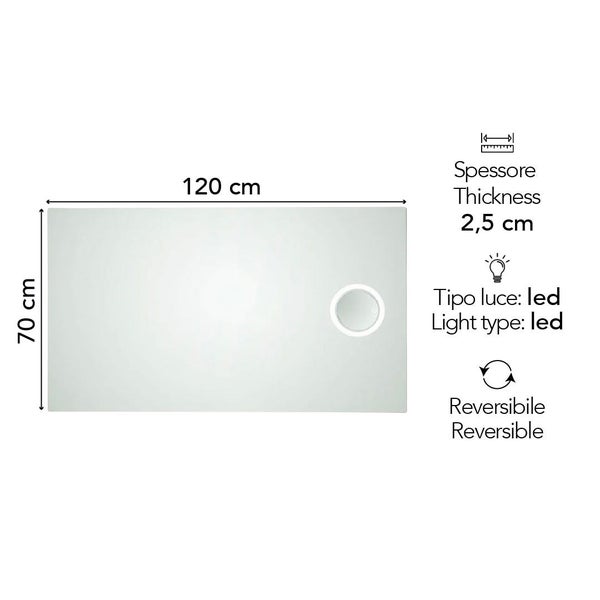 Rechteckiger Badezimmerspiegel mit LED-Beleuchtung, 120 mal 70 Zentimeter, Dicke 2,5 Zentimeter, reversibel.