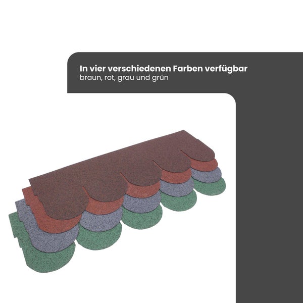 Bitumenschindeln in Biberform, erhältlich in vier verschiedenen Farben.