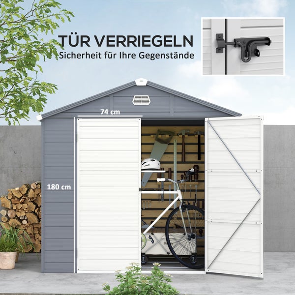 Outsunny Gerätehaus 4,1m³, Gartenhaus mit Pultdach, 240 x 190 x 180/228 cm, Geräteschuppen mit Abschließbar Tür, Fenster, Fahrradgarage, Gartenschrank aus Aluminium, für Hinterhof, Garten, Grau