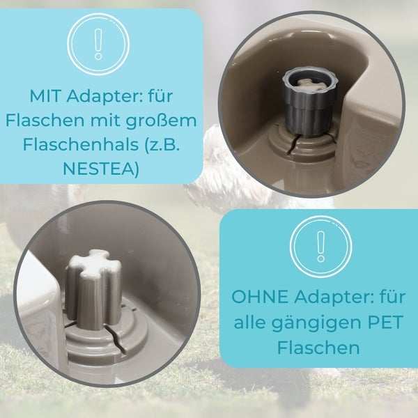 Details einer Tierfutterstation mit und ohne Flaschenadapter
