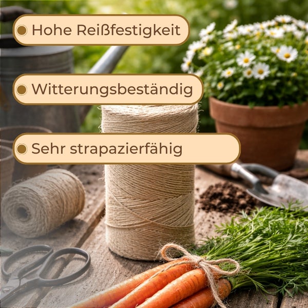 Gartenszene mit Bindfadenrolle, Karotten, Gartengeräten und Pflanze im Topf