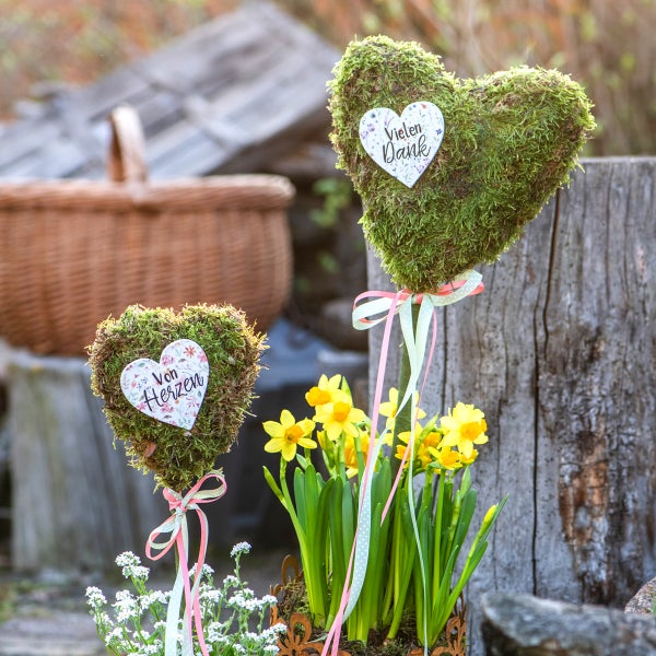 Dekorative Moosherzen mit Schleifen und Blumen als Tischdekoration