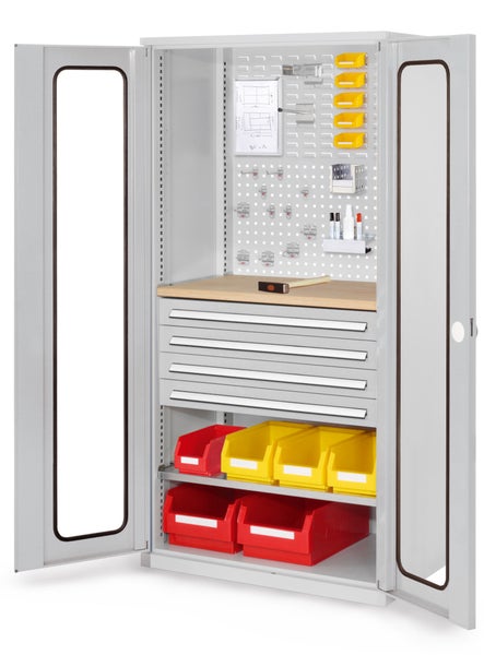 Werkstattschrank mit Werkzeug, Werkbank, Schubladen und Aufbewahrungsboxen