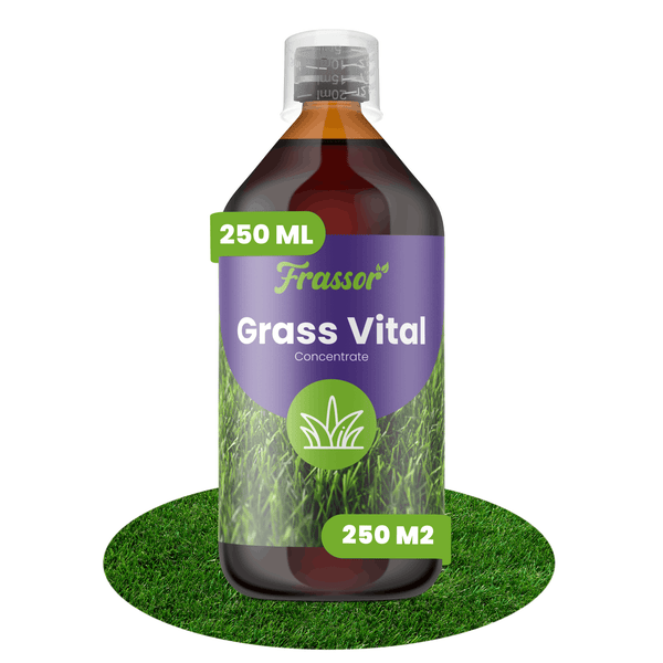 Frassor Grass Vital Konzentrat, 250 Milliliter für 250 Quadratmeter Rasenfläche, Flasche mit Messbecher. Frassor Logo.