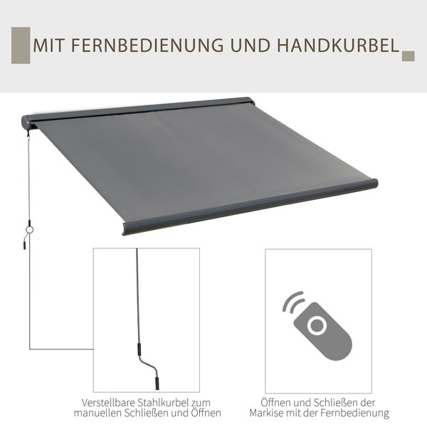 Outsunny Elektrische Markise, mit Fernbedienung Handkurbel Vollkassettenmarkise, 3x2,5m, Aluminium, Stahl, Polyester-Gewebe, Dunkelgrau