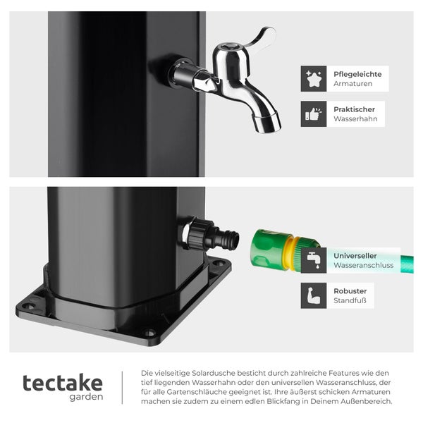 Schwarze Solardusche von tectake garden mit verchromtem Wasserhahn, universellem Schlauchanschluss und robustem Standfuß. tectake garden Logo.