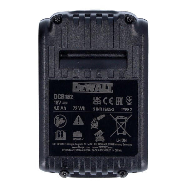 DeWalt Akku DCB182, 18 Volt, 4,0 Amperestunden, Lithium-Ionen, DeWalt Logo, CE-Kennzeichnung und Sicherheitsvorgaben.