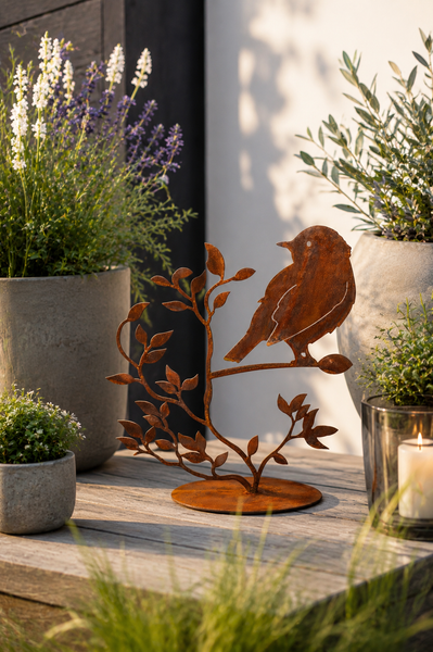 Dekorative Vogel-Figur aus Metall mit Edelrost-Optik auf einem Zweig, stehend als Garten- oder Terrassendekoration auf einem Holztisch.