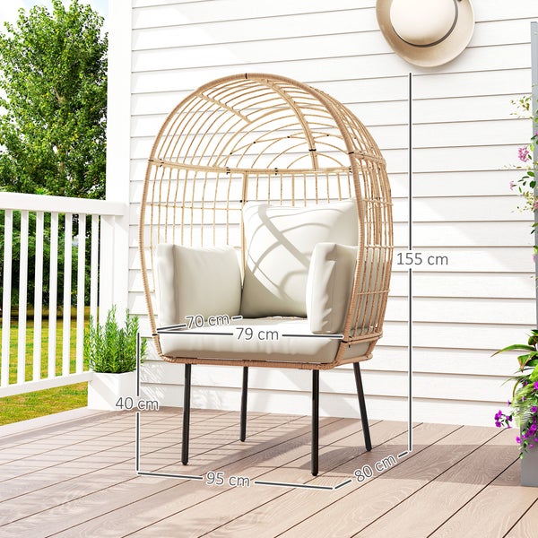 Outsunny Rattansessel Ei-Förmig mit abnehmbarem Kissen, Polster, übergroße Outdoor Sessel aus Rattan, Wetterfest Korbsessel Gartensessel Gartenstühle für Garten Balkon, Veranda, Terrasse Beige