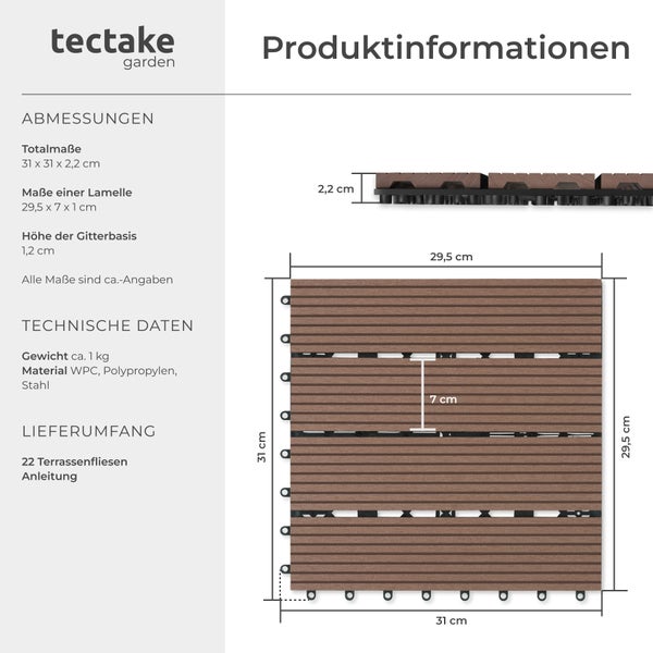 Terrassenfliesen tectake Tegulas 31 x 31 x 2,2 cm 22er Set im Klicksystem braun