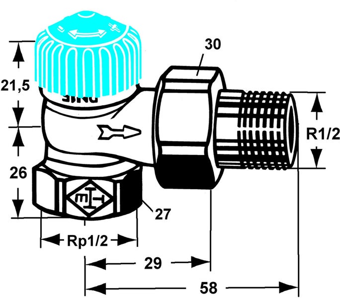 Technische Zeichnung eines Eckventils mit Maßen in Millimeter: 21,5, 26, 29, 58. Anschlüsse Rp 1/2 und R 1/2. Schlüsselweiten 27 und 30.