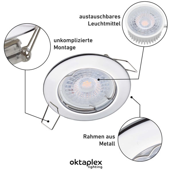 Oktaplex Lighting 6er Set LED Spot Sedan - mit LED Modul 4,8W 4000K 230V 380lm Neutralweiß 110° - Einbaustrahler Chrom Lochmaß 60mm