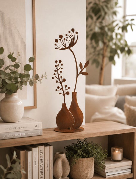 Dekorative Metallfigur in Blumenoptik auf Holzregal in einem wohnlich eingerichteten Zimmer mit weiteren Dekorationsartikeln.