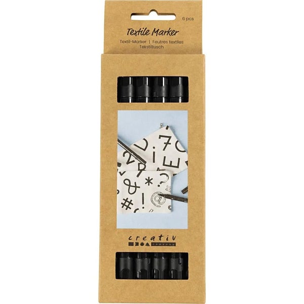 Packung mit 6 schwarzen Textilmarkern von Creativ Company in Kartonverpackung.