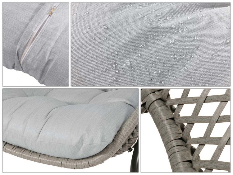 Detailansicht eines Kissens mit Reißverschluss, wasserabweisendem Material und Rattanstruktur